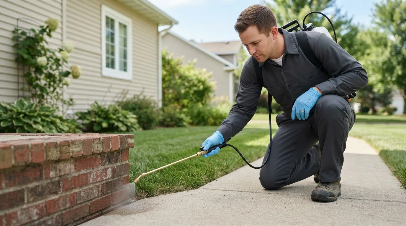 Pest control technician treating a home near Coldwater, OH